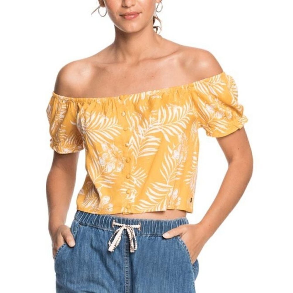 NWT Roxy Tropical Off the Shoulder Tropical Print Yellow Top Medium